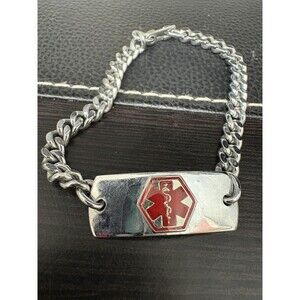 Red Enamel Stainless Steel Penicillin Allergy Medical Alert Bracelet Silver Tone